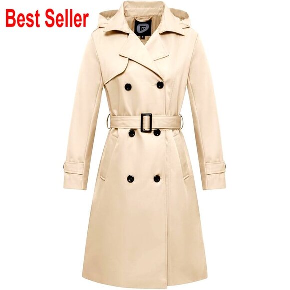 Jackets & Blazers - Classic Double Breasted Trench Coat Windproof Water Resistant Detachable Hood